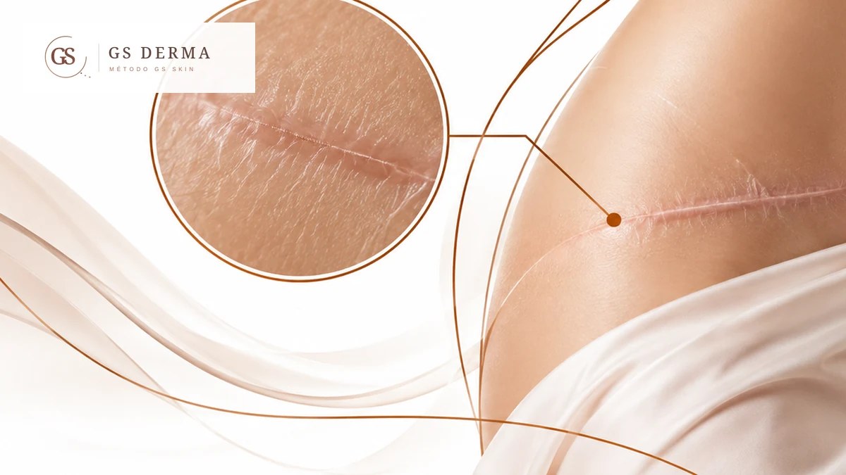 Imagem editorial GS Derma de uma cicatriz madura em composição clínica e não comparativa.