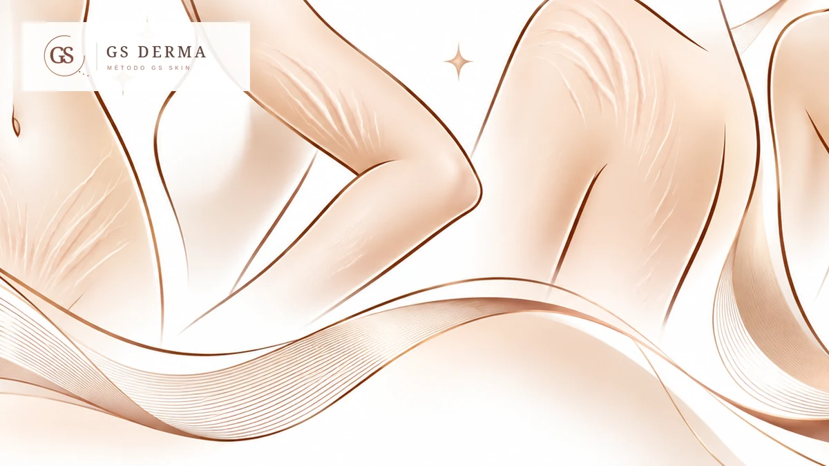 Ilustração editorial da GS Derma sobre estrias durante fases de crescimento corporal.