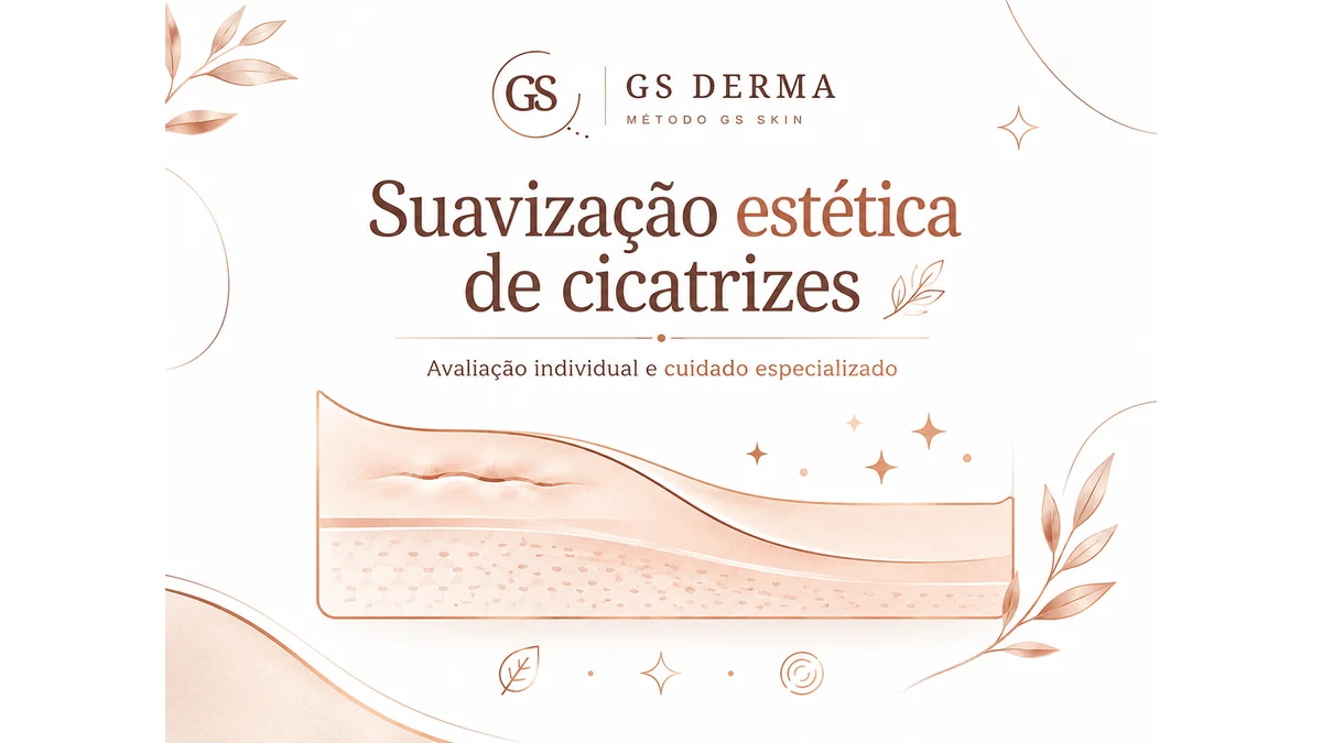 Ilustração simbólica da GS Derma sobre cuidado estético de cicatrizes, sem representar resultado de paciente.