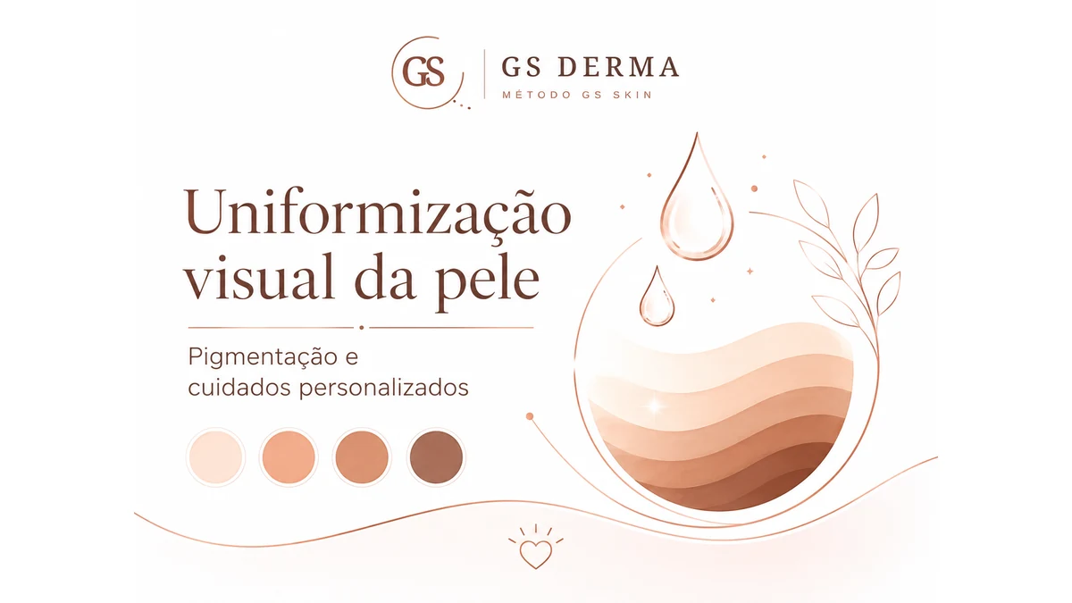 Ilustração da GS Derma com diferentes tons de pele, gotas e formas abstratas.