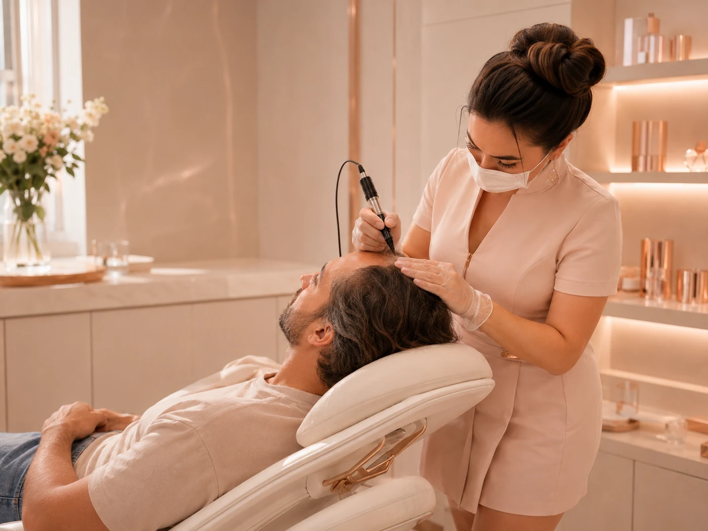 Atendimento de micropigmentação capilar GS Derma em ambiente estético